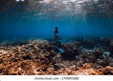 Freediver Lady Bikini Glides Underwater Near Stock Photo 2233845027