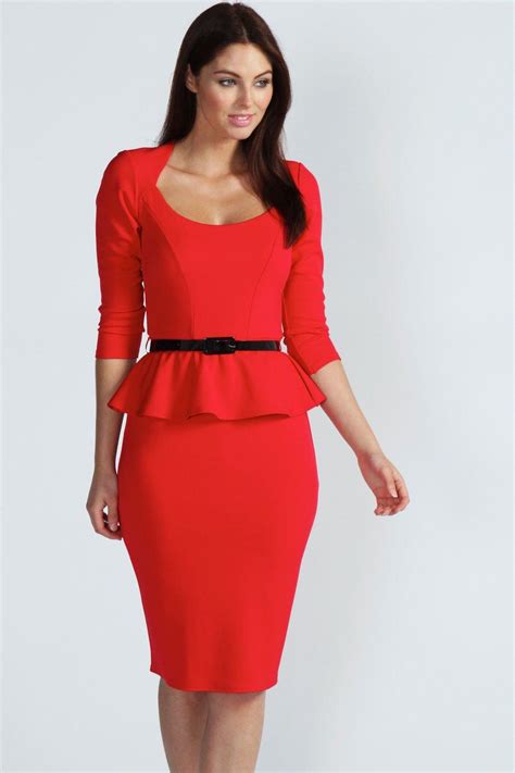 Boohoo Womens Ladies Kendal Long Sleeve Belted Peplum Midi Dress Ebay