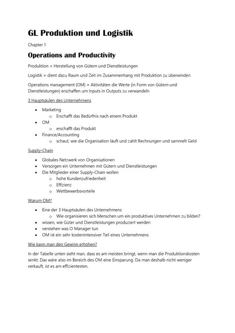 Zusammenfassung GL Pro Lo GL Produktion Und Logistik Chapter 1