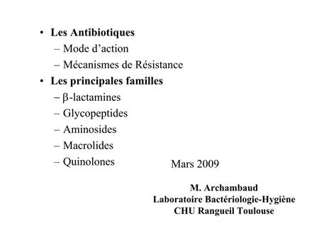 Pdf Antibiotiques Mode D Action R Sistance Principales Familles