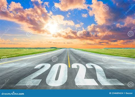 New Year 2022 Goals Concept Empty Asphalt Road Sunset With Text 2022