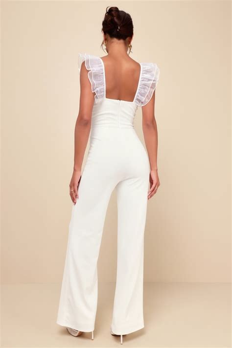 White Jumpsuit Bridal Jumpsuit Ruffled Strap Jumpsuit Lulus