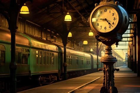 Vintage Train Station Clock in Dim Light Stock Photo - Image of light ...