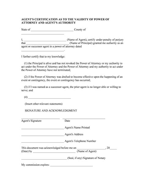 Agent S Certification As To The Validity Of Power Of Form Fill Out