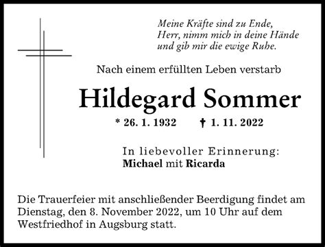 Traueranzeigen Von Hildegard Sommer Augsburger Allgemeine Zeitung