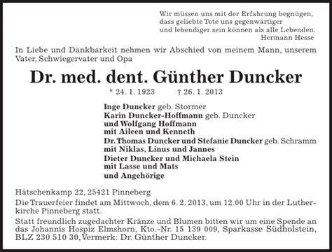 Traueranzeigen Von Dr Med Dent G Nther Duncker Sh Z Trauer