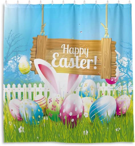 SKYSONIC Shower Curtains Cute Colorful Easter Eggs Rabbit Curtain