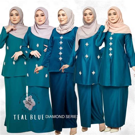 Teal Blue Plain Basic Diamond Series Kurung Moden Riau Nikah Tunang