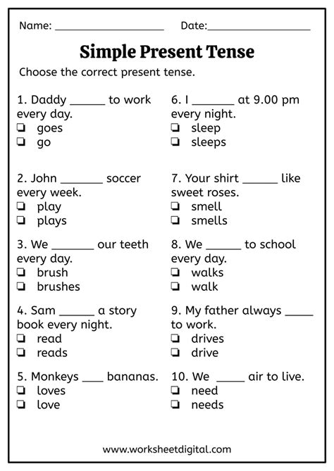 Simple Present Tense Worksheet Digital Worksheets Library