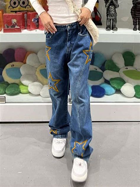 Emmiol Free Shipping Star Embroidery Splice Boyfriend Jeans Blue L