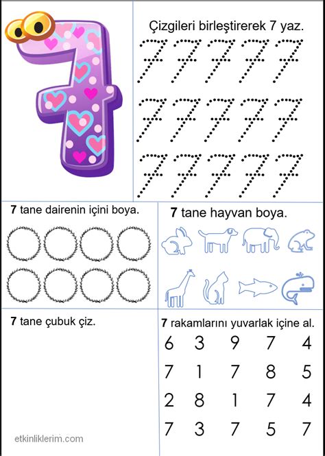 7 Rakamını Öğreniyorum Okul Öncesi Çalışma Sayfası Etkinliklerim