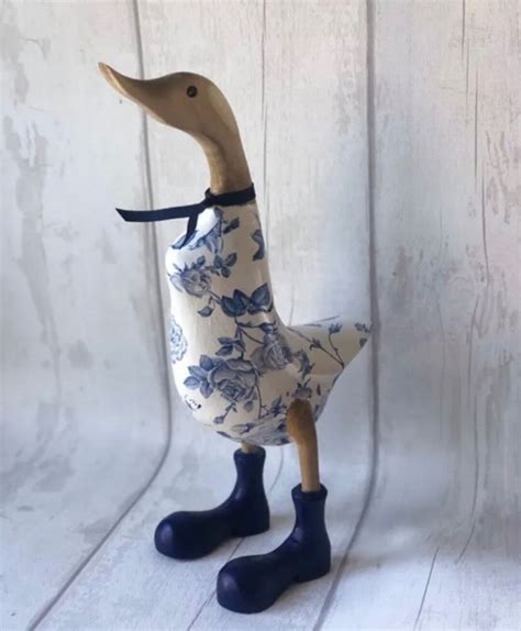 Decorated Wooden Ducks In Wellies Stylish Blue Floral Design T Sets