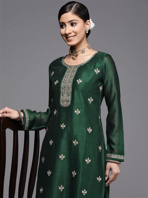 Libas Women Green And White Yoke Design Ethnic Motifs Straight Kurta