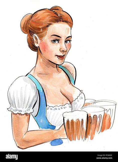 Blonde German woman with a beer mugs. Ink and watercolor illustration ...