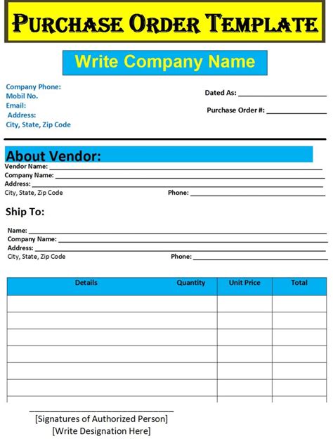 Purchase Order Template Free Report Templates