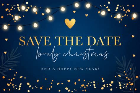 Save The Date Kerstkaart Blauw Lampjes Goudlook