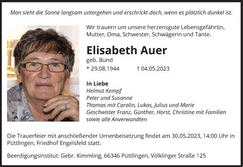 Traueranzeigen Von Elisabeth Auer Saarbruecker Zeitung Trauer De