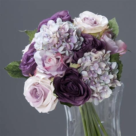 Bouquet de Roses et Hortensias artificielles 13 têtes D 28 X H 35 cm du