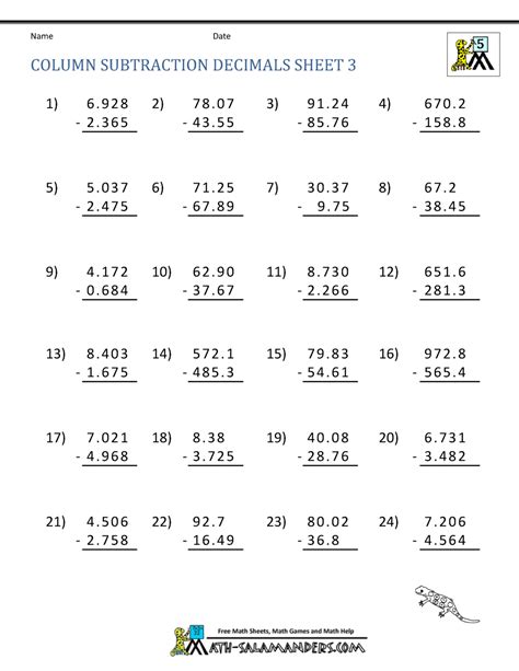 Decimal Subtraction Worksheets