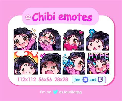 Cute Chibi Girl Emote Pack For Twitch Curly Black Hair With Bangs