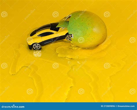 Car in the Egg, Creative Holiday Design in Yellow Color, Art Easter ...