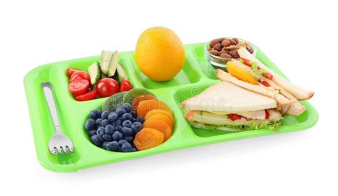 Serving Tray with Tasty Healthy Food Isolated on White. School Dinner ...