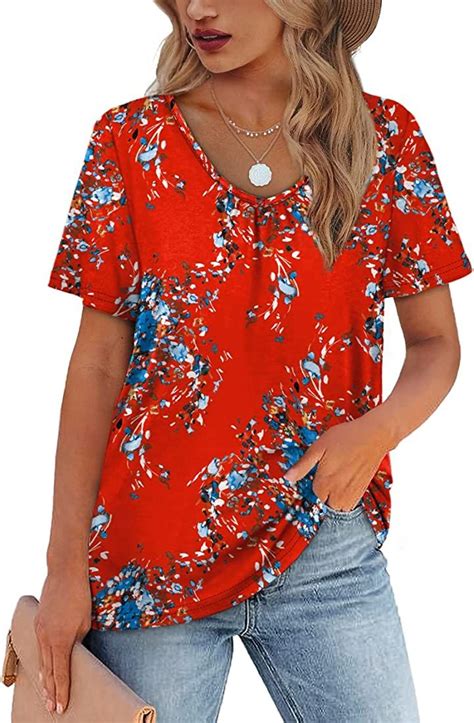 Wiholl Womens Shirred V Neck T Shirts Short Sleeve Casual Summer Tops Casual Summer Tops