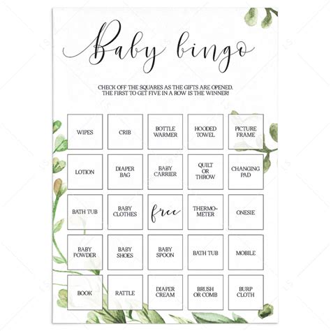 Classic Baby Bingo Gender Neutral Baby Shower Game Printable Greenery