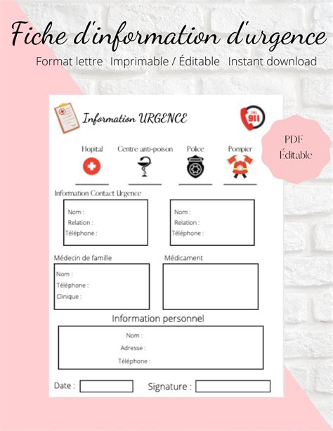 Fiche Information D Urgence Fiche De Contact En Cas Etsy