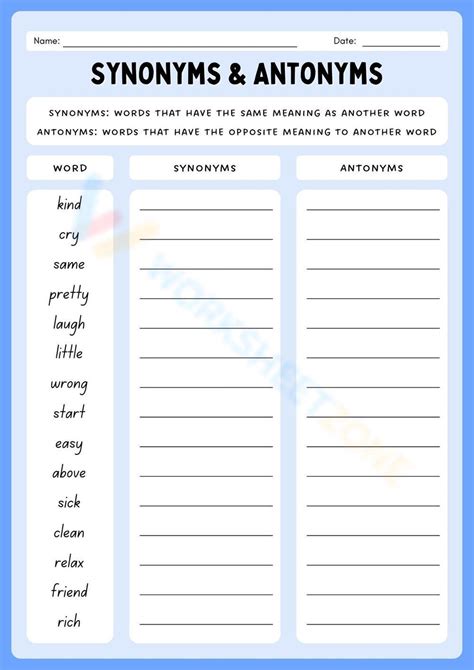 Grammar Synonym And Antonyms Worksheet