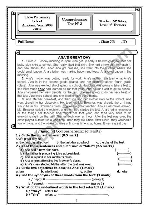 Comprehensive Test Esl Worksheet By Sousou Aicha