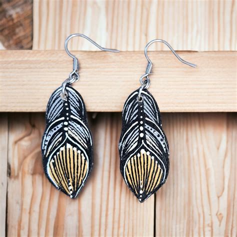 Wooden Feather Earrings In Shades Of Gray And Ocher Etsy