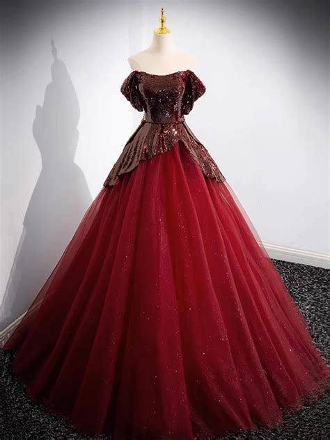 A Line Off Shoulder Burgundy Tulle Sequin Long Prom Dresses On Luulla