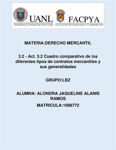 Cuadro Comparativo Tipos De Contratos Mercantiles Materia Derecho