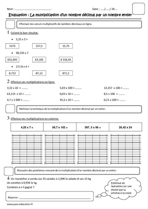 Multiplier un nombre décimal par un nombre entier Cm1 Evaluation