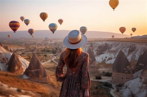 Vista trasera de una joven que admira el paisaje de globos aerostáticos