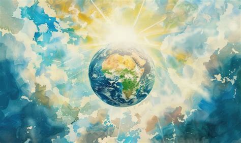 Watercolor Illustration Of The Earth Globe With Clouds And Sun Rays In