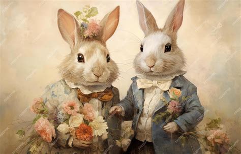 Premium AI Image | the painting shows a couple of bunnies with flowers ...