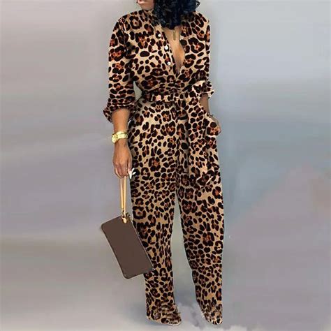 Sexy Leopard Print Jumpsuit Deep V Neck Women Long Sleeve Sashes Romper