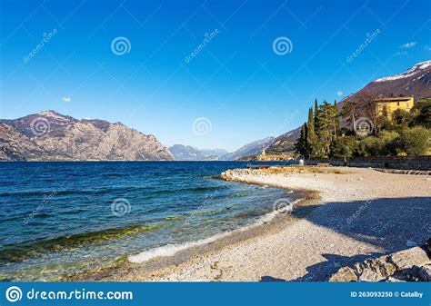 Panoramic View Of Lake Garda And Malcesine Town Veneto Italy Stock