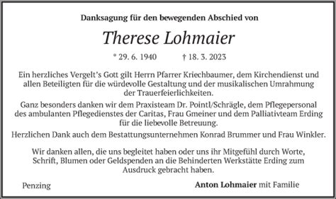 Traueranzeigen Von Therese Lohmaier Trauer Merkur De