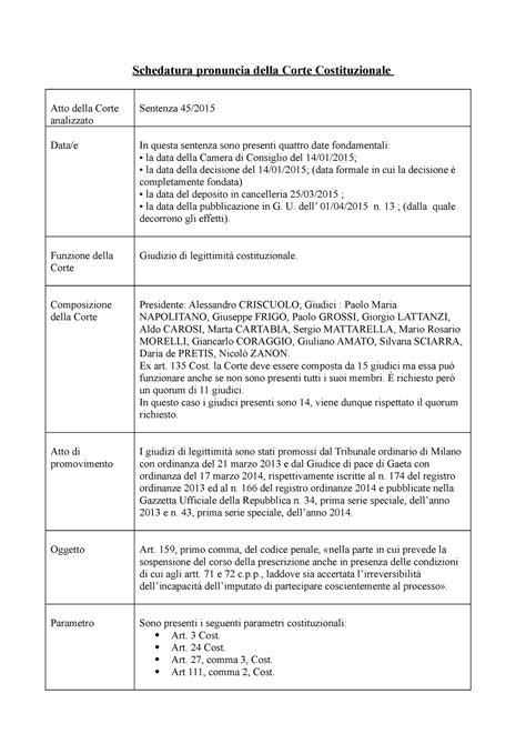 Schedatura Sentenza Corte Costituzionale Schedatura Pronuncia Della