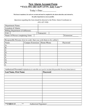 Fillable Online Police Ucr New Alarm Account Form Police Department