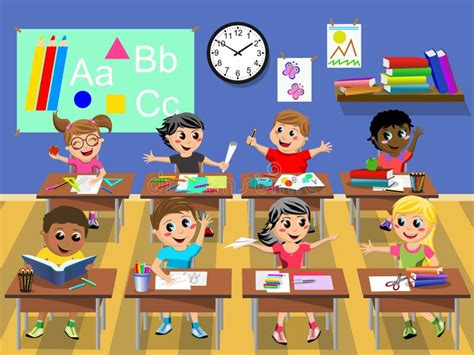 Happy Kids Children Sitting Desk Classroom School Stock Vector ...