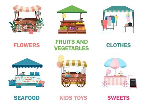 Street market stalls flat vector illustrations set. Fair, funfair trade tents, outdoor kiosks ...