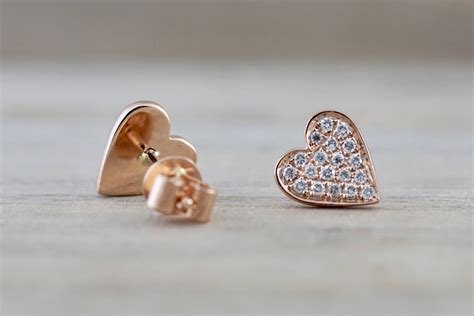 14k Rose Gold Disk Design Heart Diamond Earrings Stud Post Studs Round