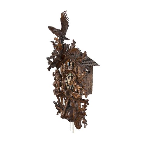 Carved 8 Day Musical Cuckoo Clock With Large Eagle Ibex Hunter Oak