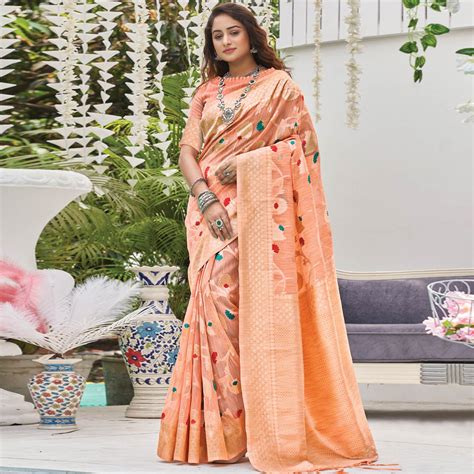 Peach Woven Poly Cotton Saree With Tassels