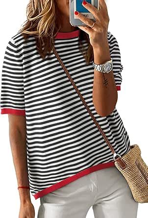 Dokotoo Womens Summer Tops Casual Crewneck Short Sleeve Striped Color