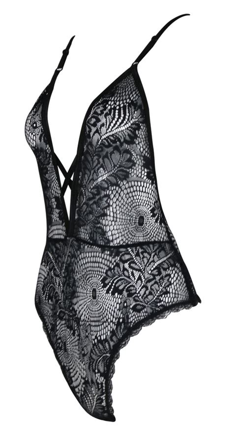 Body noir transparent avec dentelle laçages croisés et long décolleté